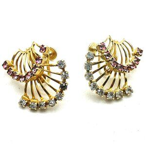 Vintage Gold Tone Articulated Fan Screw Back Earrings Rhinestone Accents